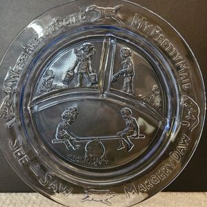 Vintage Blue "See-Saw Margery Daw" Tiara Indiana Glass Divided Child Plate